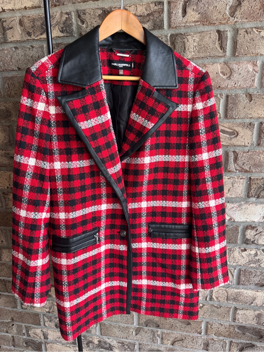 Karl Lagerfeld Paris Plaid Faux Leather Trim Long Blazer Jacket Size 10 - Picture 6 of 16